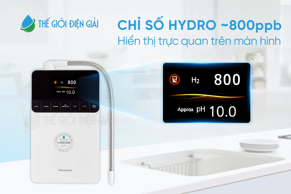 Chỉ số Hydro được hiển thị trực quan trên màn hình máy lọc nước ion kiềm Panasonic TK-AS700