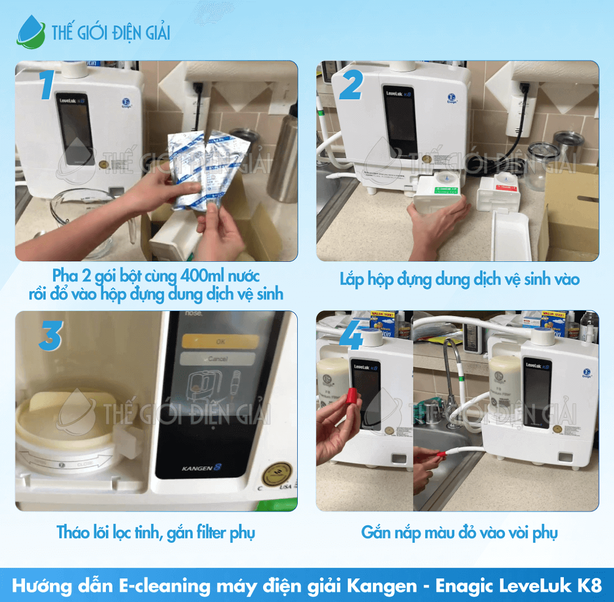 Hướng dẫn E-Cleaning máy lọc nước điện giải Kangen LeveLuk K8