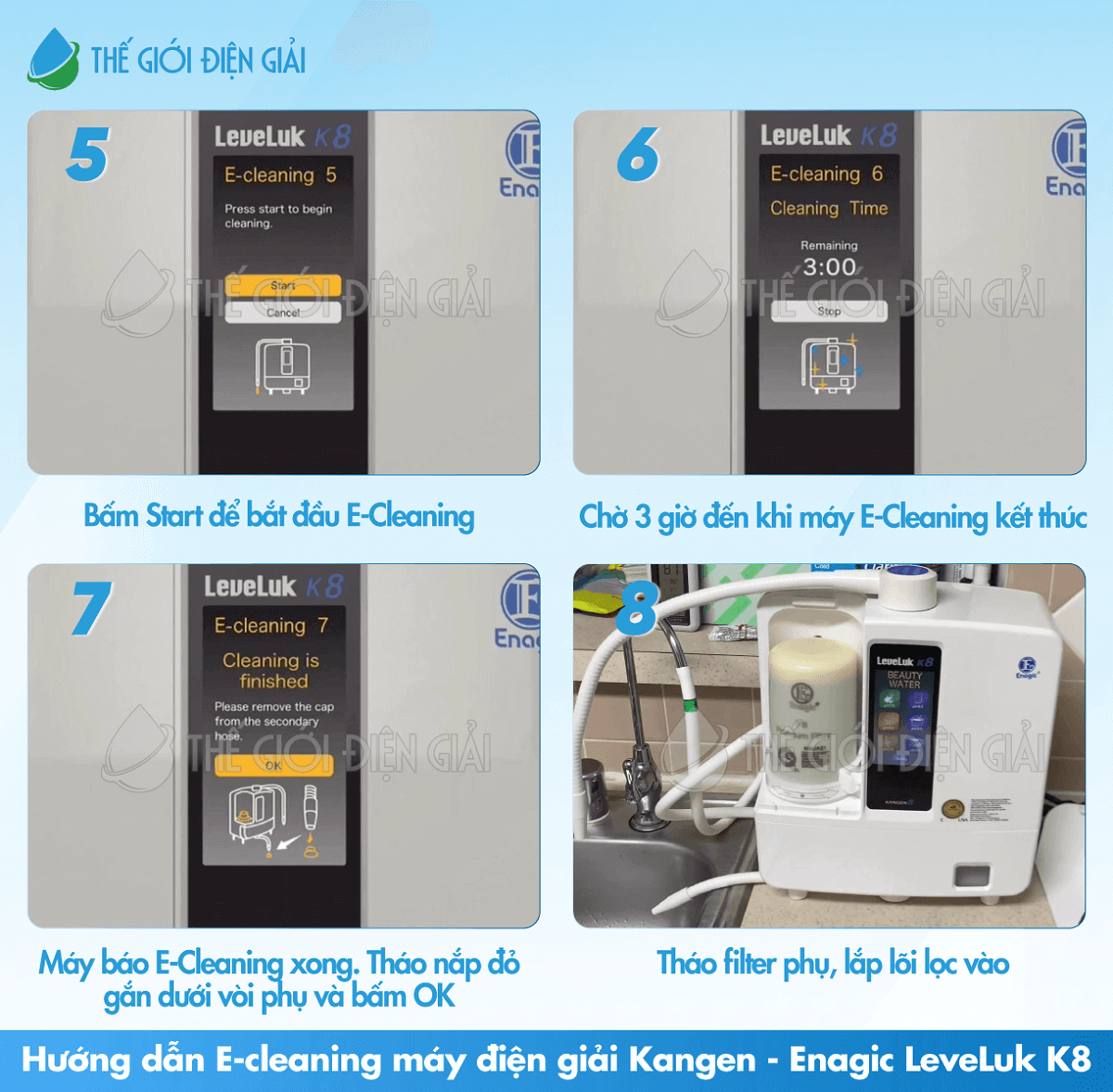 Hướng dẫn E-Cleaning máy điện giải Kangen LeveLuk K8 các bước từ 5 đến 8
