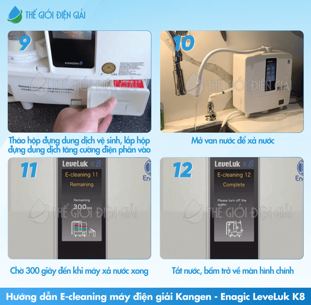 Hướng dẫn E-Cleaning máy lọc nước điện giải Kangen LeveLuk K8 các bước từ 9 đến 12
