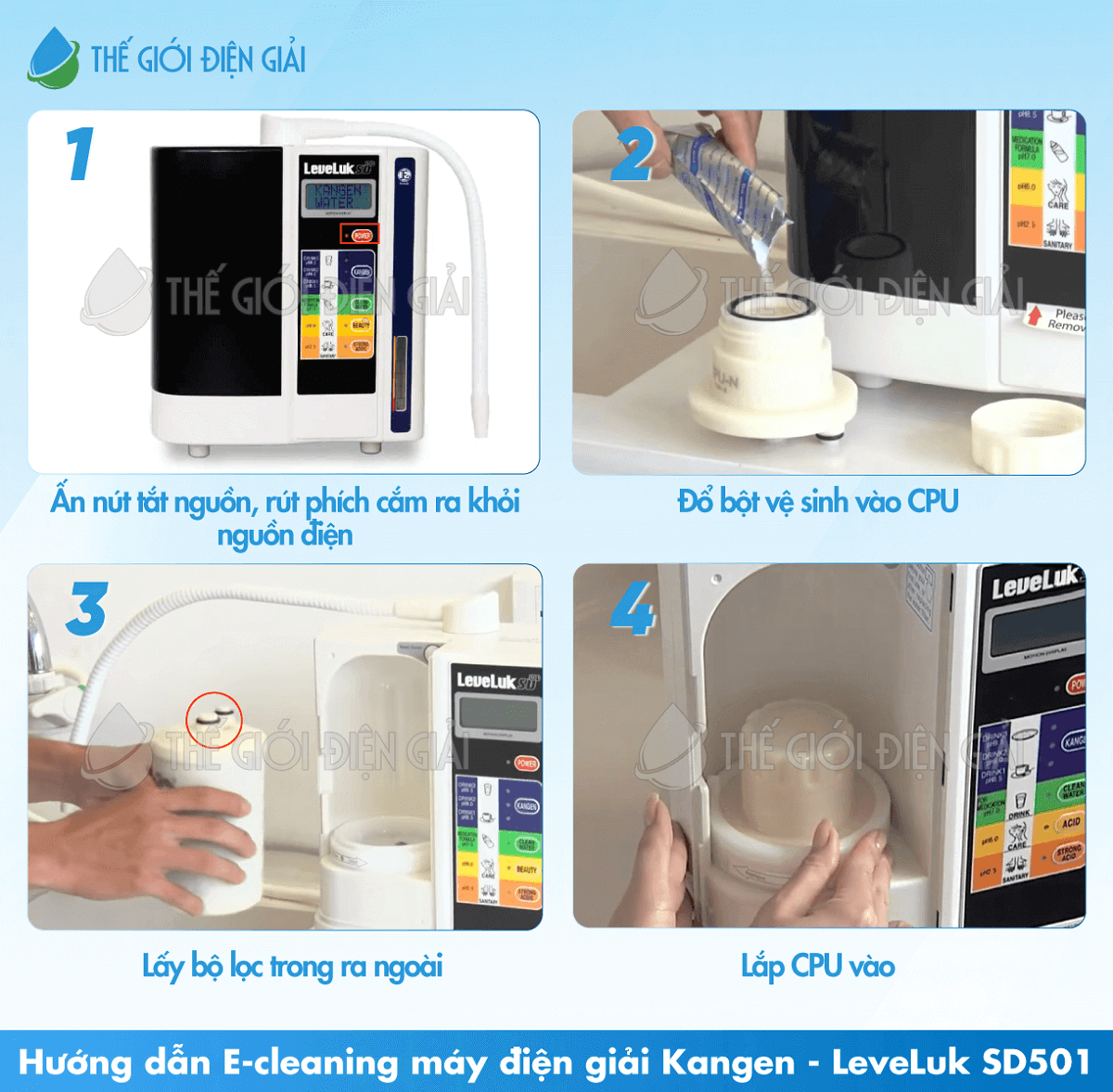 Hướng dẫn E-Cleaning máy điện giải Kangen LeveLuk SD501 bước từ 1 đến 4