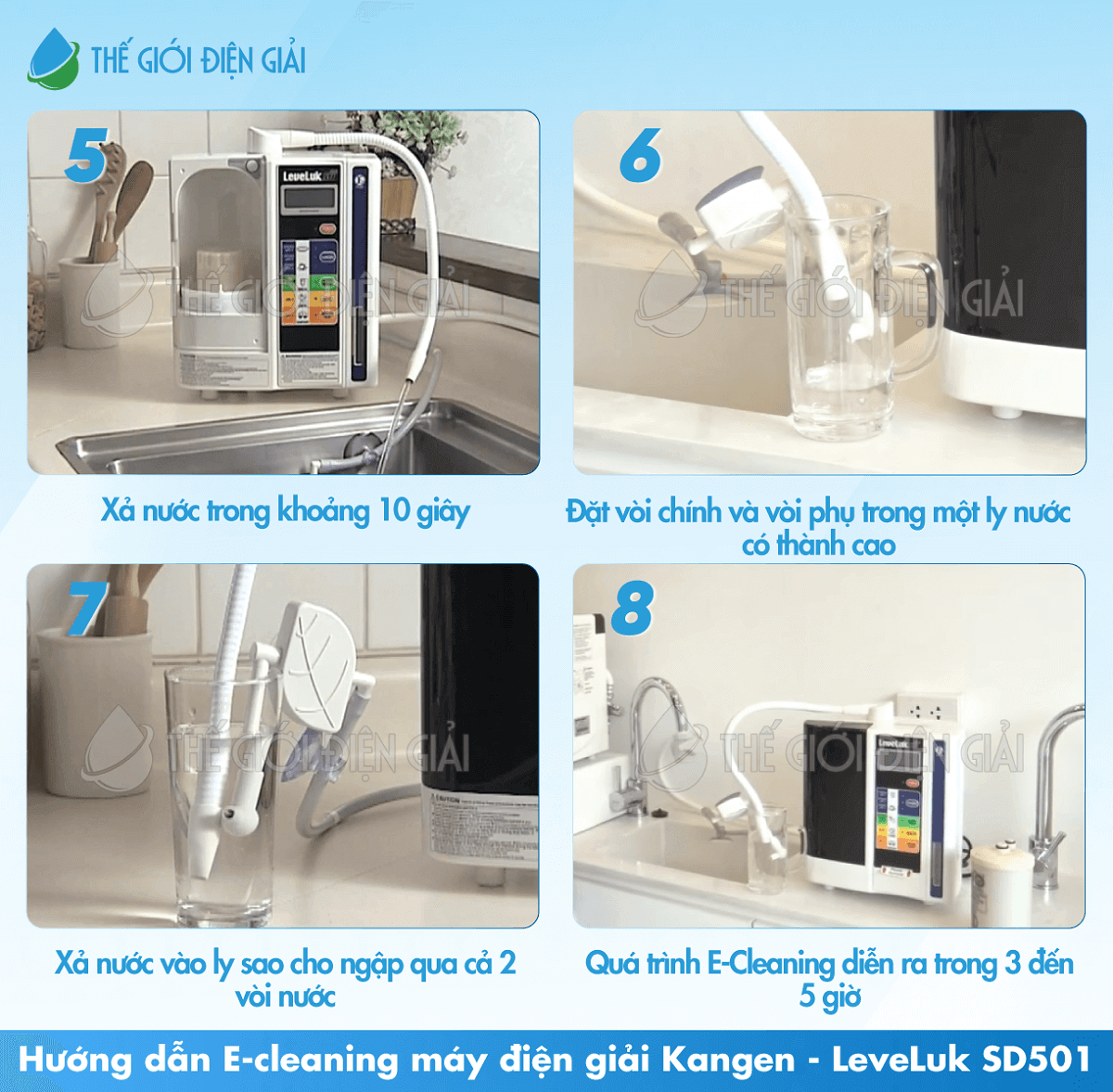 Hướng dẫn E-Cleaning máy điện giải Kangen LeveLuk SD501 bước từ 5 đến 8