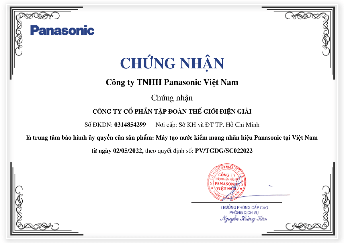 Giấy chứng nhận từ Panasonic dành cho Thế Giới Điện GIải là trung tâm bảo hành ủy quyền của sản phẩm máy lọc nước Panasonic tại Việt Nam