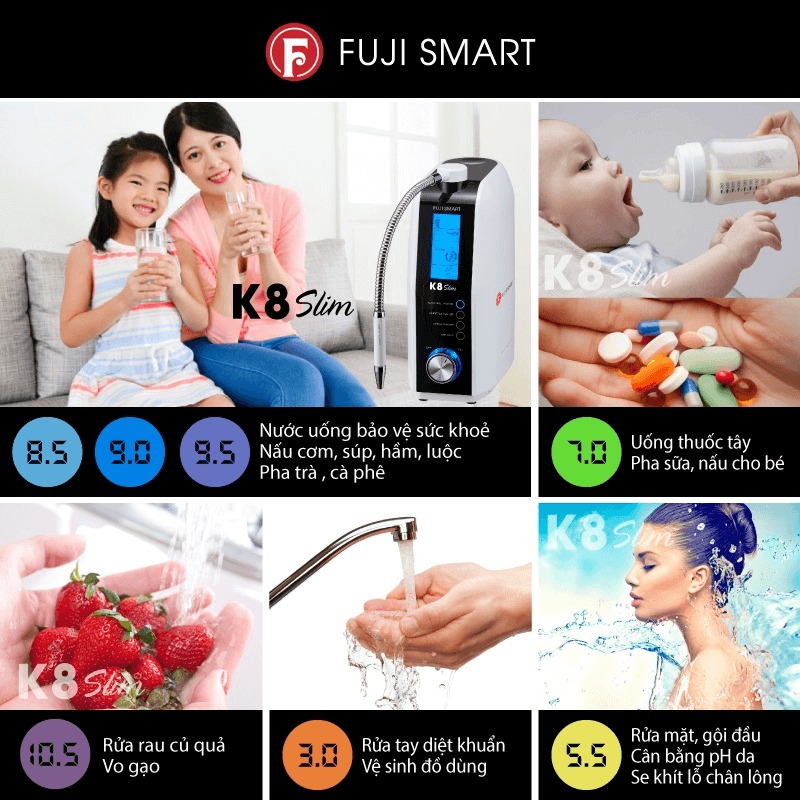 Máy lọc nước ion kiềm Fuji Smart K8 Slim tạo ra mấy loại nước?