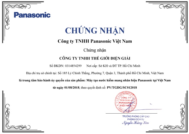 Chứng nhận Công ty Panasonic Việt Nam ủy quyền Thế Giới Điện Giải là trung tâm bảo hành ủy quyền sản phẩm máy điện giải tạo nước ion kiềm Panasonic